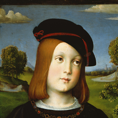 فردریکو گونزاگا، با قیافه ای نجیب و ملایم در لباسی از مخمل نفیس